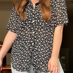 Black Floral Collared Button Up Short Sleeve